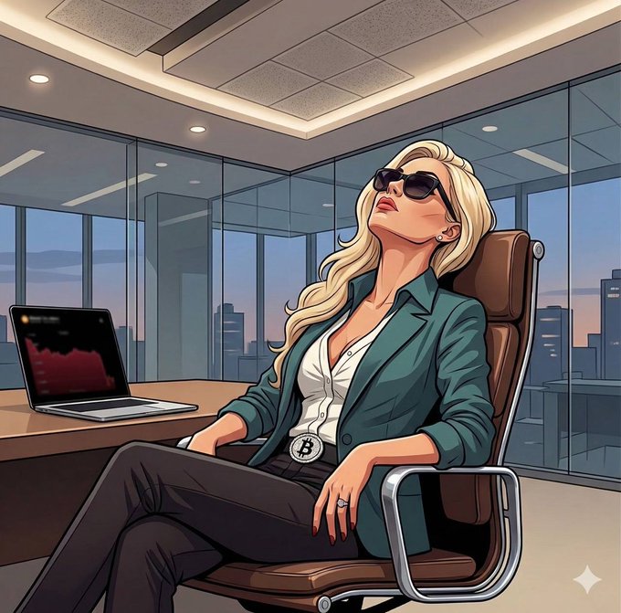 A stylized digital illustration shows a blonde woman in sunglasses and a teal blazer lounging confidently in an office chair, wearing a Bitcoin belt buckle, with a laptop and city skyline in the background.