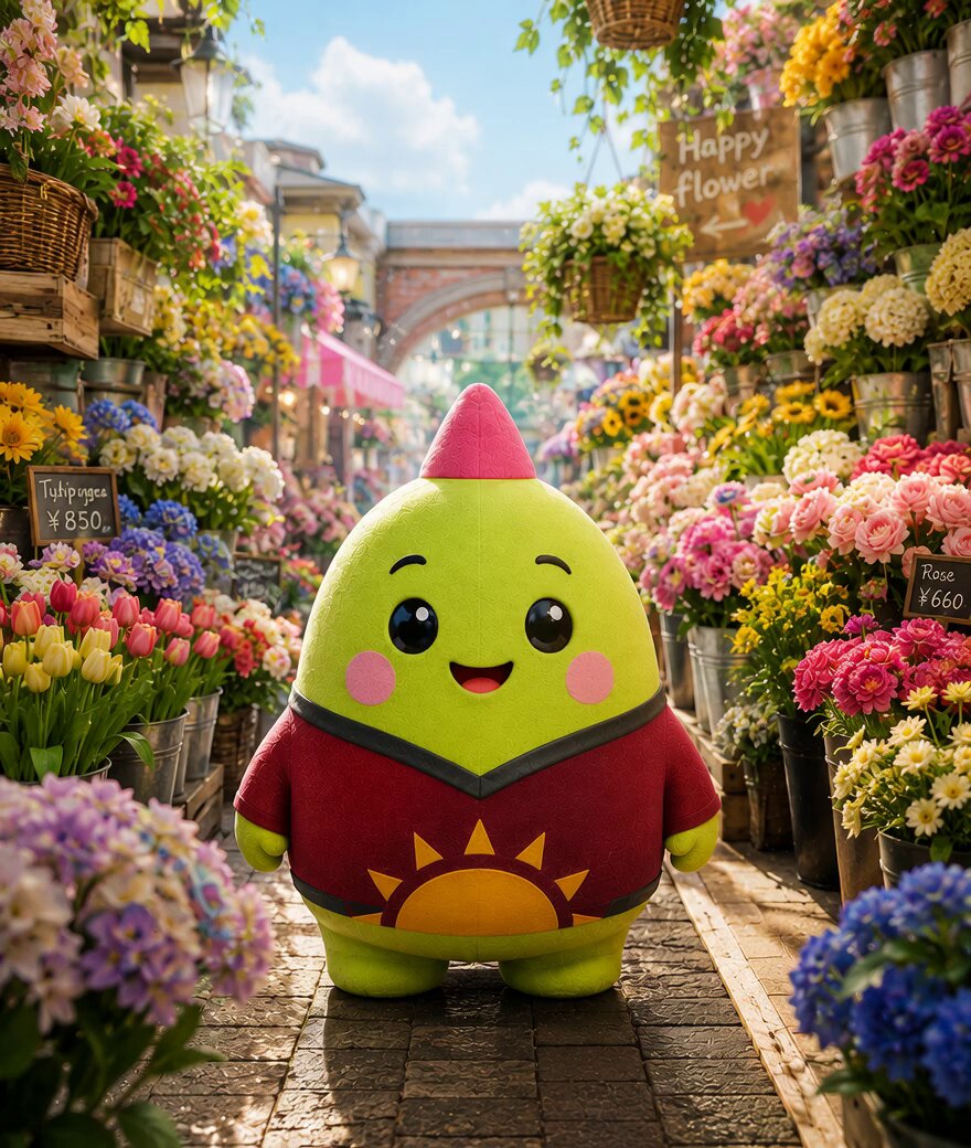 The image features a green stuffed animal, possibly a teddy bear or a frog, standing on a brick sidewalk surrounded by flowers. The flower shop has many colorful flowers surrounding the character, creating an appealing atmosphere for passersby. The post highlights that users can spend their tokens in this specific area of the flower shop and access the flower-filled environment.