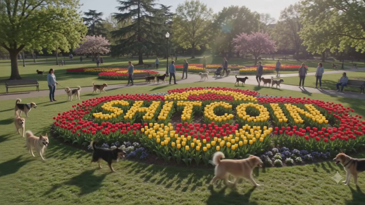 The image features a large flower garden with a sign that says "Silly humans turn $SHITCOIN into fertilizer." The garden contains various types of flowers, including tulips and daisies, which are scattered throughout the scene. There is also a bench in the background where people can sit and enjoy the view. In total, there are at least 13 dogs present in the image, some walking around the flower garden while others are sitting on the ground or near the bench. The presence of these dogs adds to the overall atmosphere of the park-like setting.