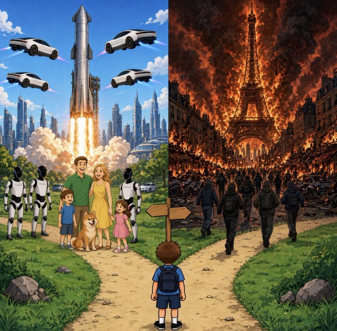 A split scene contrasts two futures: on the left, a bright utopia with a family, robots, flying cars, and a launching rocket above a futuristic city; on the right, a child at a crossroads faces a dystopian Paris where the Eiffel Tower and city burn amid fleeing crowds, visually embodying the choice between hopeful progress and catastrophic collapse.