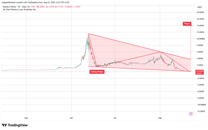 A TradingView 4-hour candlestick chart of AUDI/USDT showing a falling wedge chart pattern, with a projected target price of 14 USDT, dated August 22, 2026.