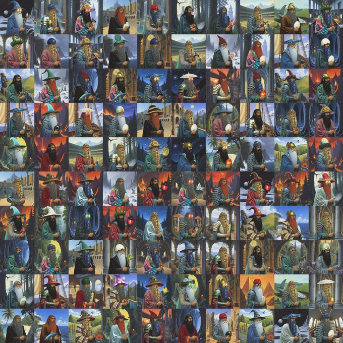 A colorful mosaic grid composed of numerous small illustrations featuring wizard-like characters with beards, hats, and staffs in various fantasy settings.
