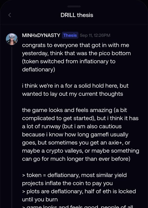 A Discord post in the "DRILL thesis" channel from user MINHxDYNASTY (tagged "Thesis") on Sept 11 at 12:26PM congratulates holders who got in at the pico bottom, noting the token switched from inflationary to deflationary, and describes the game as amazing with good runway but warns that gamified crypto projects often don't last, though comparing it to potential axie+ or crypto valleys. The post is partially cut off but lists token mechanics including deflationary plots where half of ETH is locked until burn.