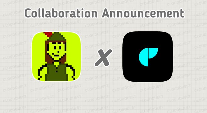 A collaboration announcement graphic featuring the "CLOUDQUEST" pixel-art character icon and the Pondering logo, separated by a "x" symbol, promoting the partnership between Cloud Quest and the Merry Men crew on the Robinhood Chain.
