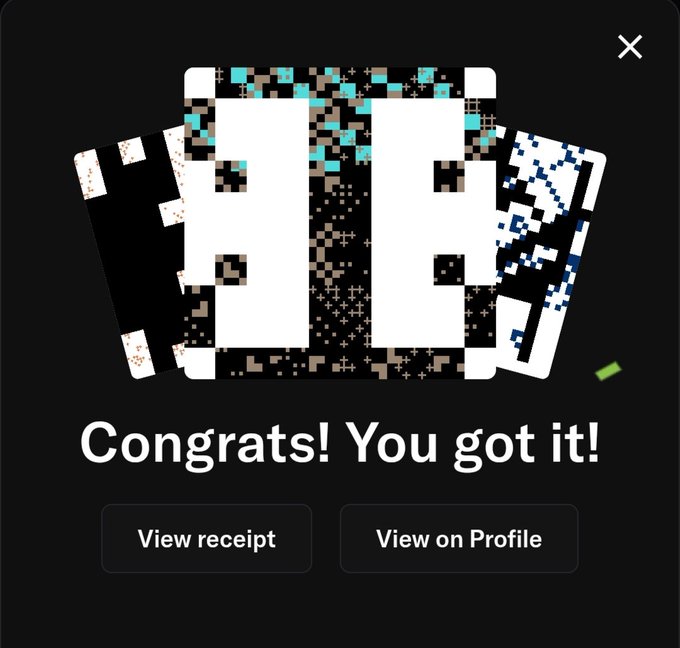 A digital pop-up message with a black background displaying pixelated card-like graphics and the text 'Congrats! You got it!' above buttons reading 'View receipt' and 'View on Profile'.