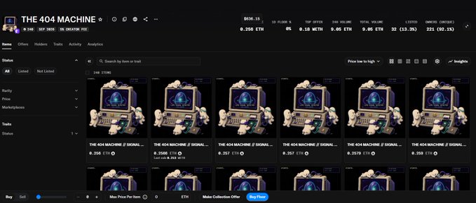 A digital marketplace interface showing a collection titled 'THE 404 MACHINE' with prices listed in ETH, displayed at $636.15.