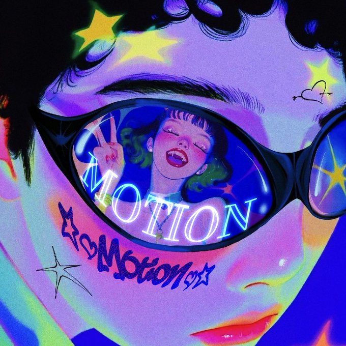The image features a woman's face with sunglasses, which has the word "motion" written on her forehead. This suggests that the artist might be referencing the popular song "Solana" by Lady Gaga. The artwork seems to be inspired by the band's music and style, as it includes elements such as stars and neon colors in its design.