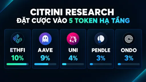 An infographic titled 'CITRINI RESEARCH - ĐẶT CƯỢC VÀO 5 TOKEN HẠ TẦNG' displaying crypto token allocations: ETHFI 10%, AAVE 9%, UNI 4%, PENDLE 3%, ONDO 3%.