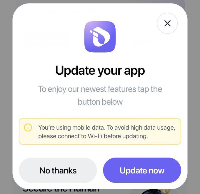 An app update prompt for a purple-themed application with a "Update now" button and a warning about mobile data usage. The image relates to the post by visually representing the V6.0.2 update that the post announces, suggesting the $LMP token's features are about to be activated through the IBTE platform.