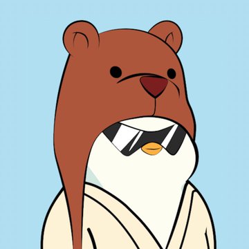 A cartoon bear character wearing a beige robe and a knit beanie, resembling a Cool Cat from Pudgy Penguins NFT collection, is shown against a light blue background. This image likely represents the user's previous Pudgy Penguins PFP that they used for 3 years before transitioning to their own face.