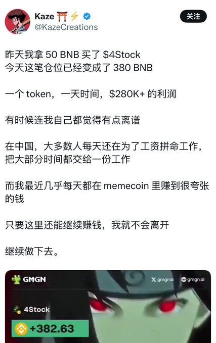 A Chinese-language tweet from @KazeCreations boasting about turning 50 BNB into 380 BNB (~$280K profit) in one day via the memecoin $4Stock, with an attached GMGN screenshot showing a +382.63 BNB gain on 4Stock. The image relates to the post by showcasing one of the trader's viral profit claims that prompted investigation into his Twitter history and Telegram group.