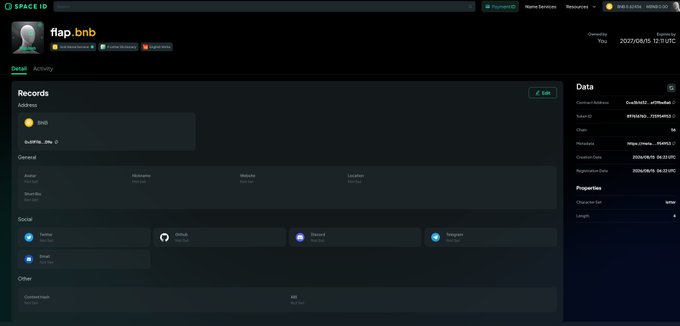 A screenshot of a SPACE ID dashboard displaying the domain "flap.bnb" with registration details including Contract Address 0xc8632...d39a2, Token ID 8919426...72984953, Owner "flap.bnb", and an expiration date of 2026/8/16 at 12:31 UTC. The image confirms the registration of the flap.bnb domain announced in the post, showing key ownership metadata on the SPACE ID platform.