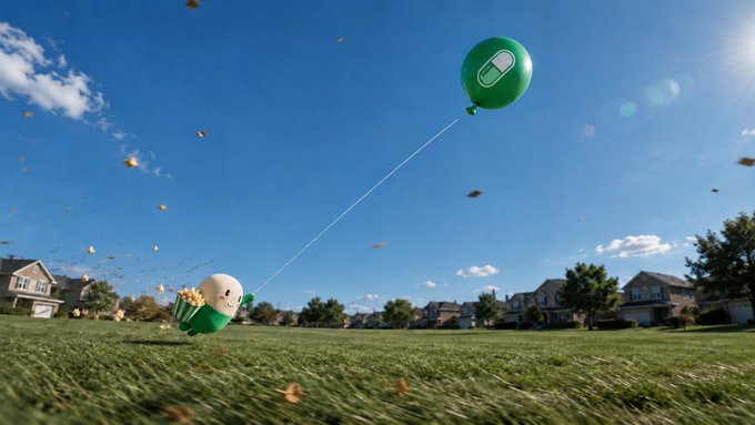 A green "$CUPSEY"-branded balloon lifts off across a sunny suburban park, mirroring the post's excitement as the token "takes flight" from a meme toward real-world IP rights and product goals—described as "so obvious" it could soar straight to 100M.