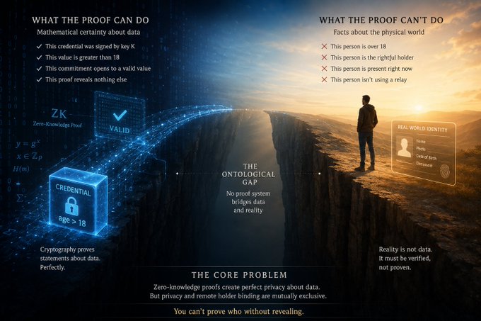 The image illustrates the ontological gap between cryptographic zero-knowledge proofs and real-world identity verification, contrasting what proofs can confirm (credential validity, age thresholds, key signatures) with what they cannot (actual age, personhood, liveness, non-use of relays). It visually reinforces the post's argument that the EU age verification concept attempts to solve a real-world identity problem with cryptographic privacy tools, which can prove statements about data but cannot bridge data to physical reality.
