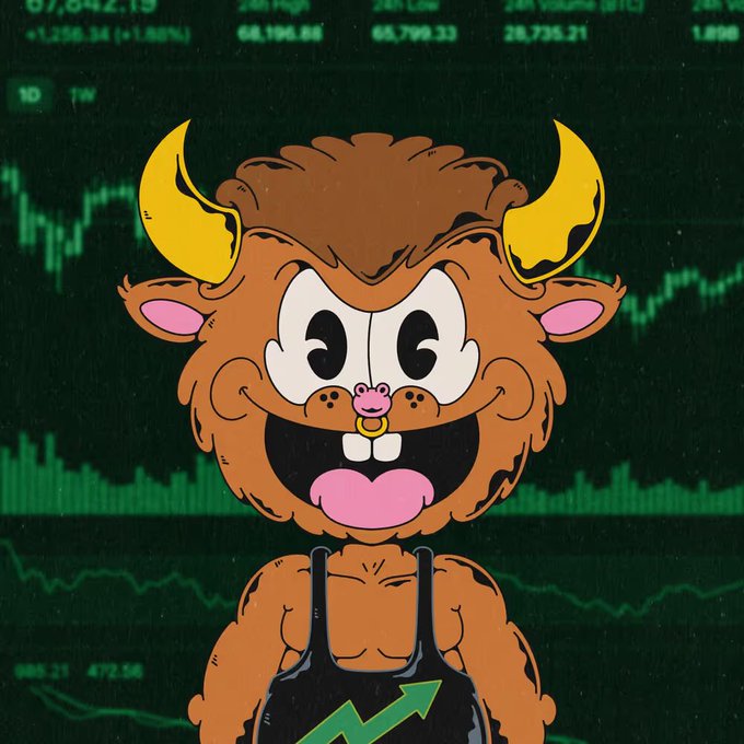 Cartoon illustration of a brown bull character with yellow horns and a green upward arrow on its shirt, set against a dark background displaying stock market price charts.