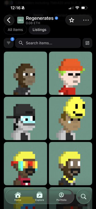 A screenshot of a mobile NFT marketplace showing pixel-art character avatars in a collection called 'Regenerates' with a floor price of 0.08 ETH.