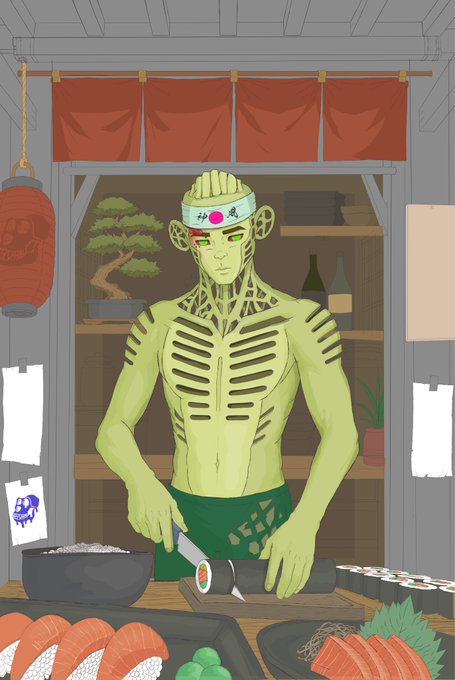 Illustration of a green-skinned sushi chef with a headband, standing behind a counter preparing sushi rolls and sashimi in a traditional Japanese setting.