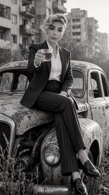 A black-and-white photograph of a stylish woman with curly hair, wearing a pinstripe suit and white shirt, sitting on the hood of a rusted vintage car while holding a glass of water.