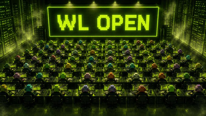 A dimly lit, pixel-art style room filled with rows of colorful ape characters seated at trading desks beneath a glowing green "WL OPEN" sign, visually representing the "Whitelist Open" announcement for the 5,555 Ape Brokers NFT collection.