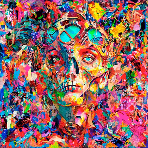 The image features a painting of a skull with a face, surrounded by an explosion of colors that appear to be made up of various elements such as clocks, flowers, and other objects. The painting seems to be a chaotic mix of different materials and textures, creating a sense of disarray. The post in question is about Bitcoin, specifically the concept of "Dead and Reborn" which refers to the idea of Bitcoin being reborn from its current state after it has been destroyed or rendered obsolete. This post is likely meant to provoke thought and discussion on the future of cryptocurrency and the potential implications of a digital currency that can be resurrected.