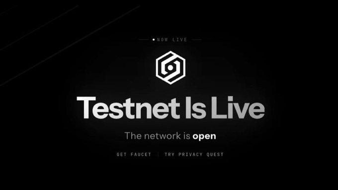 A black promotional graphic displays the hexagonal Orbinum logo with the announcement "NOW LIVE — Testnet Is Live" and "The network is open," along with clickable links for "GET FAUCET" and "TRY PRIVACY QUEST." The image ties into the accompanying quiz guide by highlighting that Orbinum's testnet is active, making it the platform where users can complete the Privacy Quest referenced in the answers.
