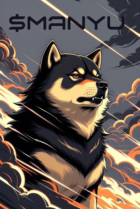 An illustrated poster features a fierce-looking black and tan Shiba Inu dog against a dramatic cloudy sky, with the text "$MANYU" displayed at the top.