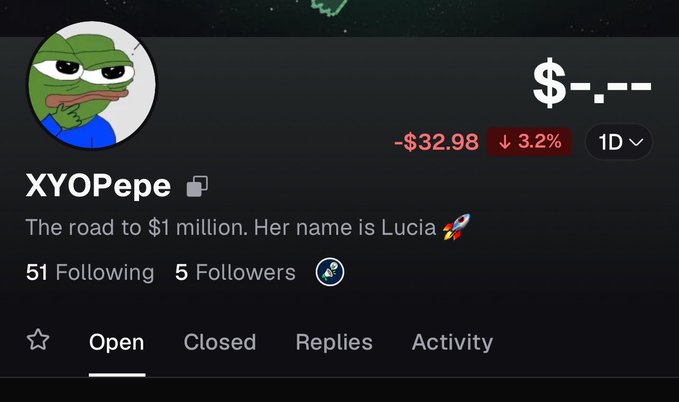 A social media profile screenshot for 'XYOPepe' with a Pepe the Frog avatar, showing '51 Following, 5 Followers', and a portfolio loss of -$32.98 (3.2%) over 1 day.