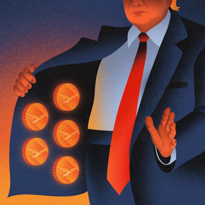 A stylized digital illustration shows a figure resembling Donald Trump in a dark suit and red tie, opening his jacket to reveal glowing orange circular emblems featuring bird silhouettes.