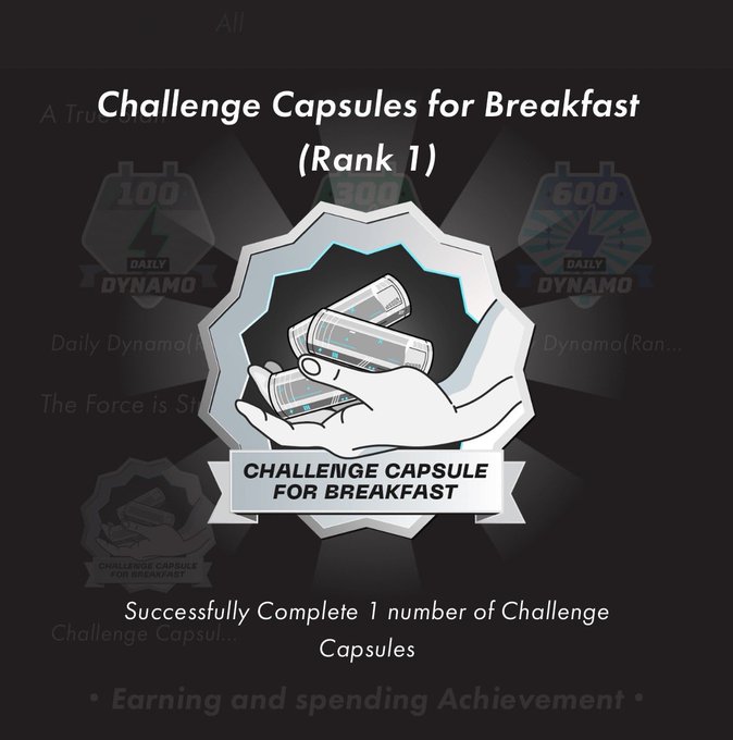 A digital achievement badge titled 'Challenge Capsules for Breakfast (Rank 1)' showing a hand holding capsules, with text 'CHALLENGE CAPSULE FOR BREAKFAST' and instructions to 'Successfully Complete 1 number of Challenge Capsules.'
