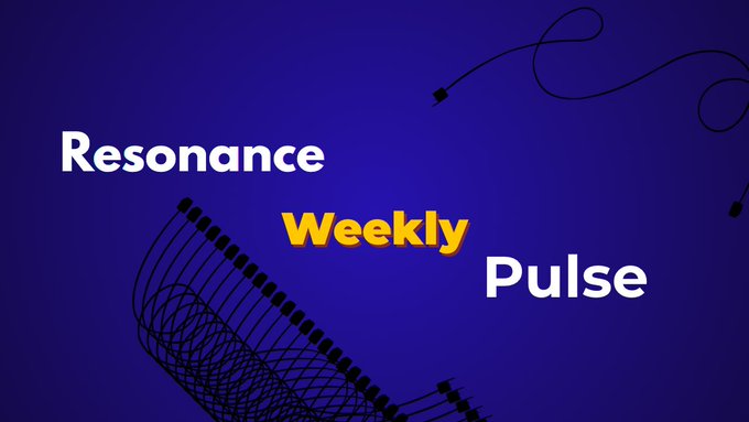 A dark blue graphic design with white and yellow text reading 'Resonance Weekly Pulse' accompanied by abstract wireframe illustrations of a cylindrical structure and flowing lines.