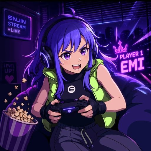 An anime-style illustration of a purple-haired gamer girl wearing headphones and holding a controller, with neon signs reading 'ENJIN STREAM LIVE', 'LEVEL UP!', and 'PLAYER 1 EMI'.