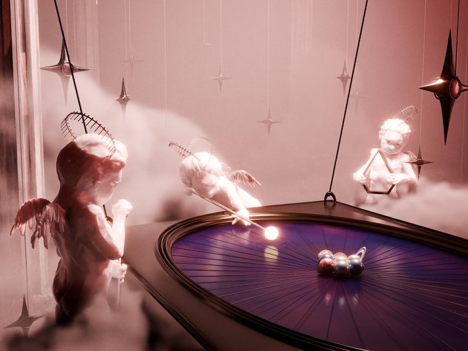 A surreal pink-toned scene featuring cherub-like figures with halos, one playing croquet, surrounding a curved purple pool or platform under a cloudy sky with star-shaped decorations.