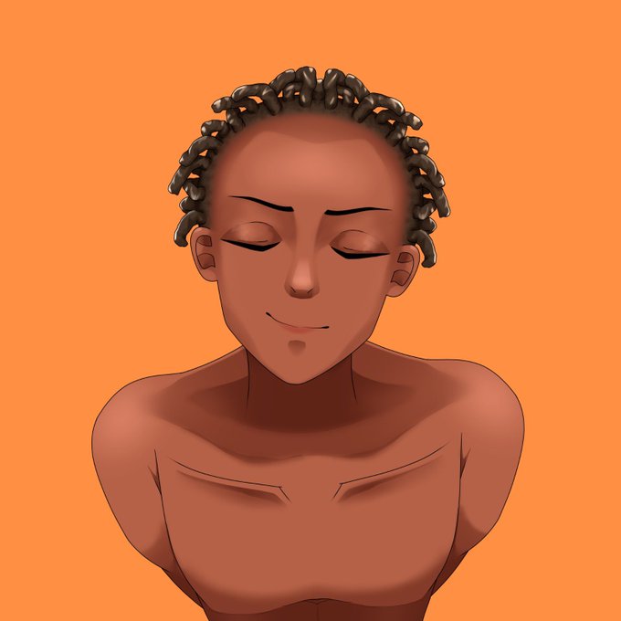 A digital illustration of a person with dark skin and short twisted hair, eyes closed with a slight smile, shown from the chest up against a solid orange background.