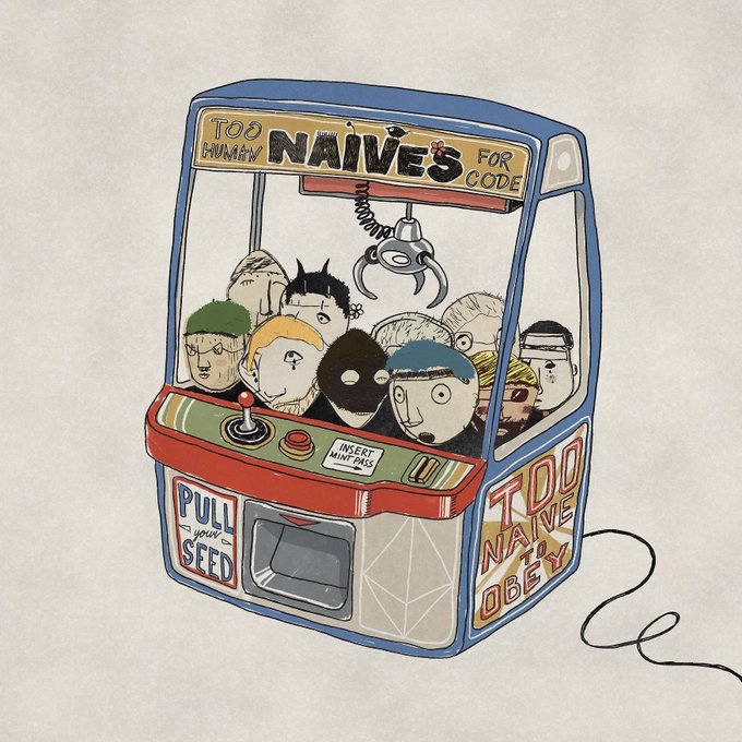 An illustration of a claw machine labeled "TOO HUMBLE NAIVES FOR CODE" filled with diverse cartoon-style character figures, with "INSERT MINT PASS," "PULL your SEED," and "TOO NAIVE TO OBEY" labels, promoting the launch of the NAIVES generator on verse.works where users can generate, favorite, and mint their own NAIVE characters.