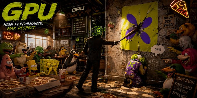 An AI-generated image of a 'GPU PIZZA' meme restaurant featuring various meme characters including Peppa Pig, SpongeBob, and Patrick Star, with a figure in a suit holding a butterfly net.