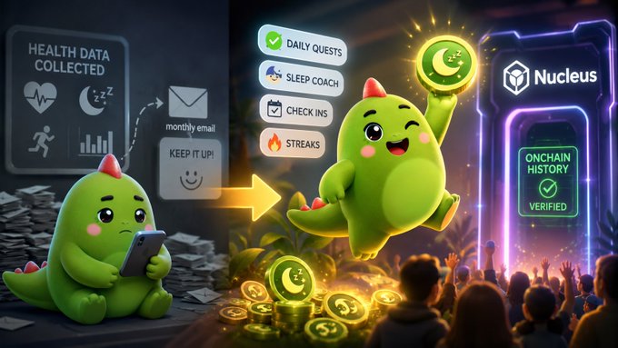 The image depicts a green dinosaur mascot transforming from a sad, isolated figure checking health data on a tablet with a "KEEP IT UP!" email, to a happy, celebrated character earning glowing "SLEEP" coins through daily quests, sleep coaching, and streaks, with a verified "ONCHAIN HISTORY" display by Nucleus ($Nucleus) in the background—visually contrasting the old uninspiring health app model with Sleepagotchi's gamified, crypto-rewarded experience.