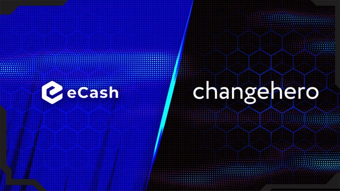 Split-screen graphic announcing a partnership or integration between eCash (left blue side) and Changehero (right black side).