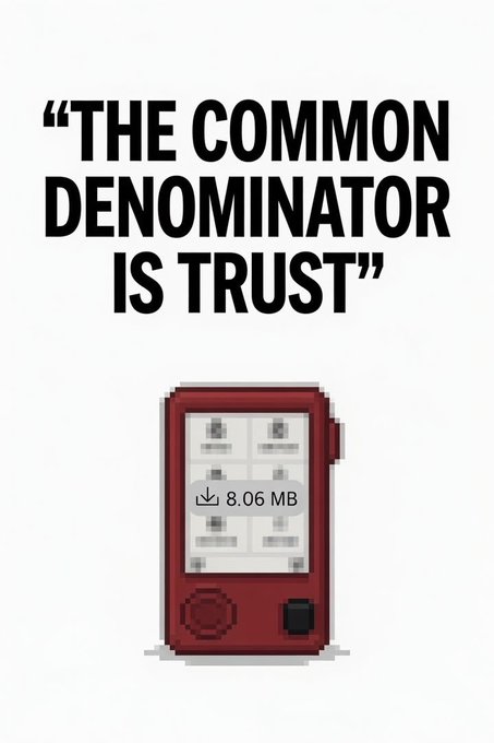 A graphic with the quote 'THE COMMON DENOMINATOR IS TRUST' above a pixel art image of a red vending machine displaying a download of 8.06 MB.