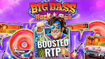 A vibrant "Big Bass Rock 'n' Roll" online slot game promotional graphic featuring a rocker with sunglasses and a guitar, along with a "Boosted RTP" badge, paired with a $50 giveaway post on social media to encourage engagement.