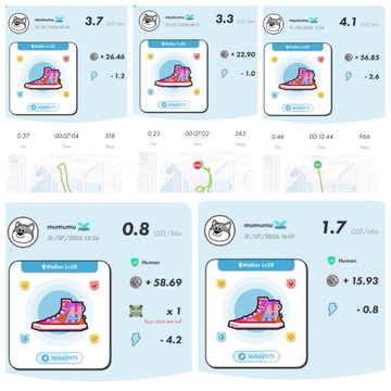 A series of screenshots from a mobile game displaying evaluations of different colored boots with stats like "stride xp" and COT (cost of training) values, showing how each color variant performs.