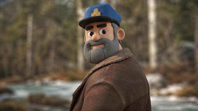 A 3D animated character resembling a bearded man in a brown shearling coat and blue cap standing in a forested area near a stream.