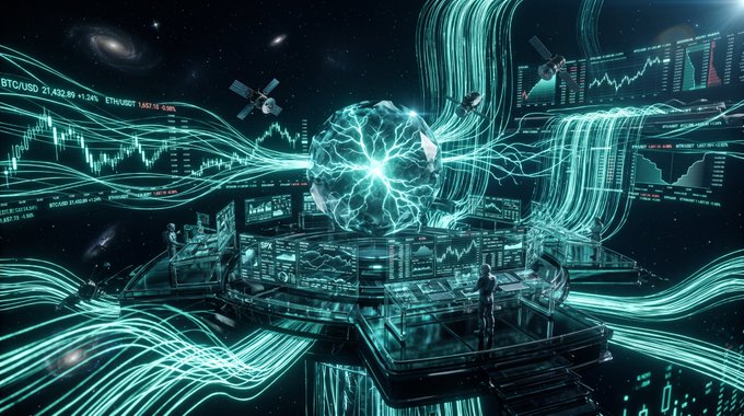 A futuristic digital illustration depicting a glowing teal brain or energy sphere at the center of a high-tech command center with satellites, stock charts displaying BTC/USD and ETH/USDT tickers, flowing data streams, and figures working at holographic displays in a cosmic space setting.