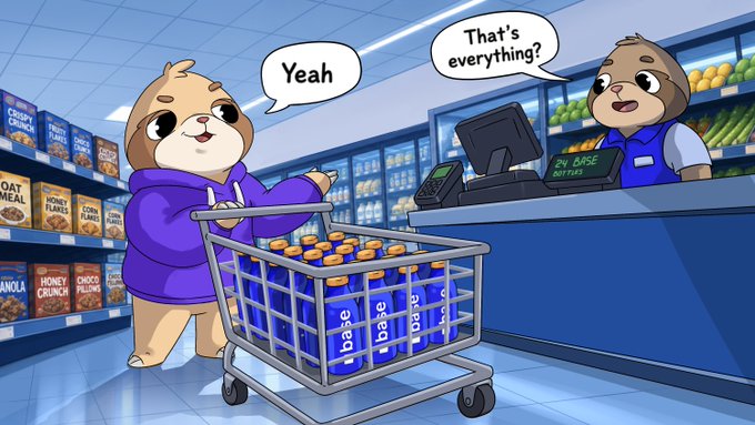 The cartoon shows a customer pushing a shopping cart loaded with canned goods (labeled "base") through a grocery store checkout, where the cashier asks "That's everything?" and the customer simply responds "Yeah" — visually playing on the meme of trying to pay for a large haul with limited means, fitting the post's joke about paying in $DEGEN tokens.