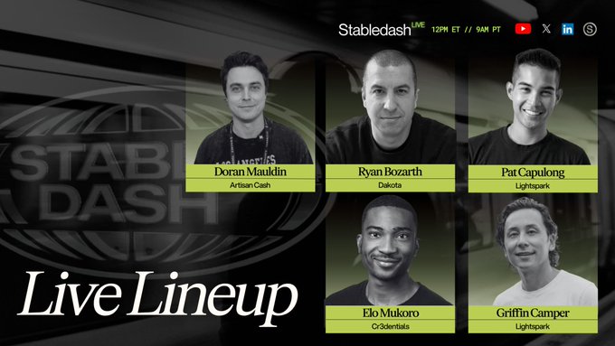 A "Live Lineup" promotional graphic for Stabledash Live (12PM ET // 9AM PT) featuring five speakers: Doran Mauldin (Artisan Cash), Ryan Bozarth (Dakota), Pat Capulong (Lightspark), Elo Mukoro (Cr3dentials), and Griffin Camper (Lightspark). The image aligns with the post announcing an upcoming live discussion featuring Artisan Cash.