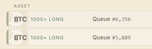 A screenshot of a trading platform's liquidation queue shows two BTC 1000× LONG positions, one in Queue #6,356 and another in Queue #5,889, illustrating the user's frustration at being over 6,000 positions deep waiting to be liquidated. The image visually supports the post's complaint about the painfully slow liquidation process on the platform.
