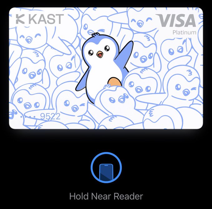 A digital wallet screen displaying a 'KAST VISA Platinum' credit card with a cute blue and white penguin mascot surrounded by line-art penguins. The interface prompts 'Hold Near Reader' at the bottom.