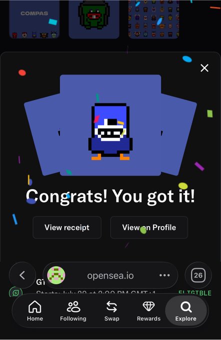 A mobile screenshot from opensea.io showing a 'Congrats! You got it!' notification with a pixel-art penguin NFT inside a blue box, surrounded by confetti.