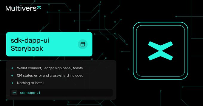 A promotional graphic for 'Multiversx' highlighting the 'sdk-dapp-ui Storybook', listing features like wallet connect, 124 states, and nothing to install.