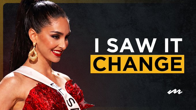 A beauty pageant contestant in a red sequined gown and sash smiles next to the text 'I SAW IT CHANGE'.