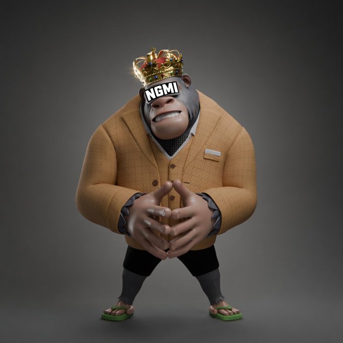 The image features a cartoon character, possibly a monkey or gorilla, wearing a suit with a crown on its head. The character appears to be standing against a gray background, giving the impression of being stranded or alone. The caption below the image reads "Dumped a bag of @mfigge I trust.. but im broke ...", which seems to be a reference to the character's situation in the cartoon.
